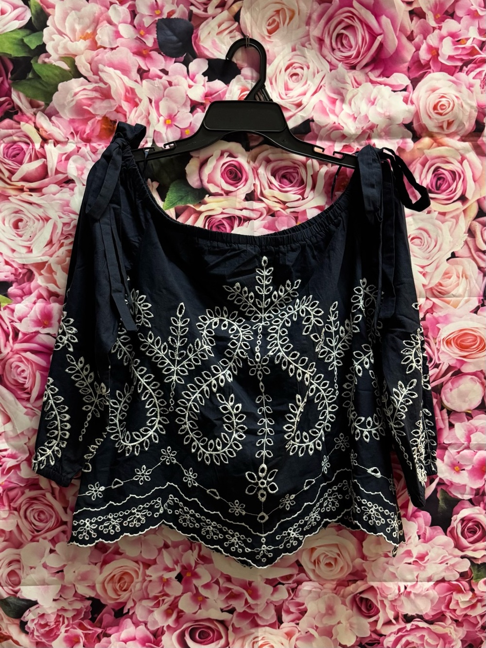 Essentials Navy Blue Off-Shoulder Embroidered Blouse